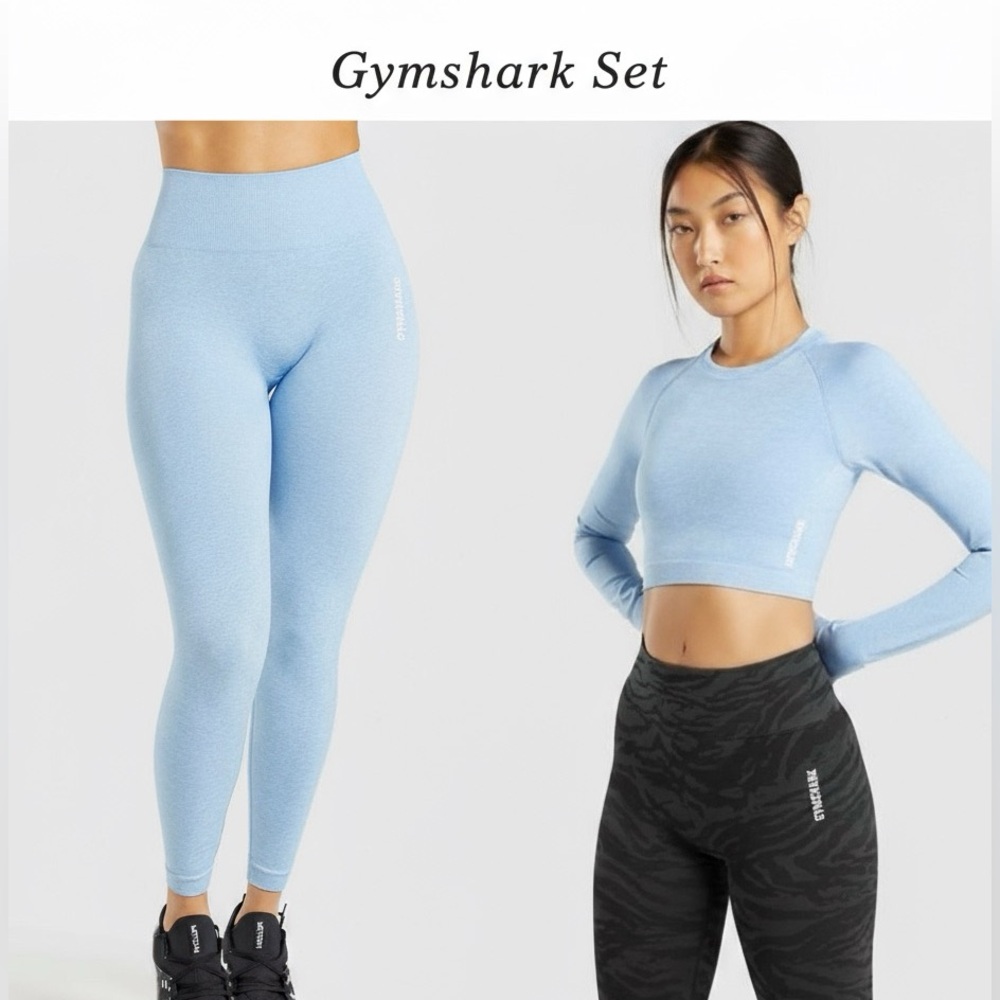 Gymshark Adapt Marl Set – Leggings + Long Sleeve Crop (Light Blue, Size Small)